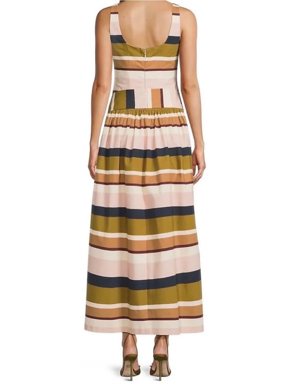 ANTONIO MELANI Chartreuse Navy Cream Striped Sleeveless Midi Dress - Picture 3 of 5